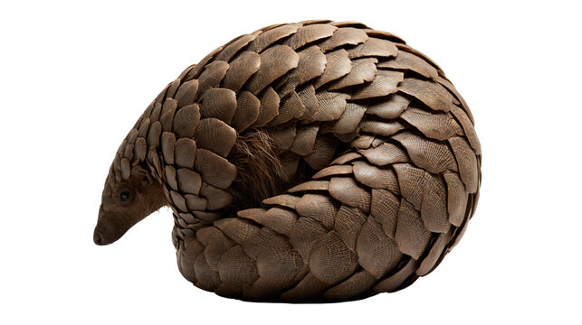 Curled up pangolin with brown keratin scales in a defensive ball position