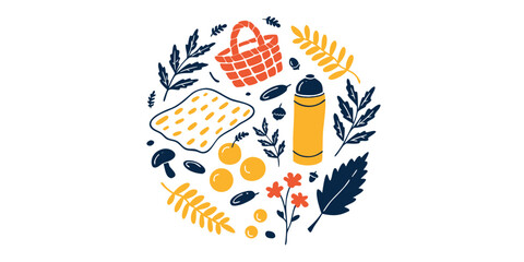 Fototapeta premium Circular picnic vector illustration with a wicker basket, blanket, thermos, fruit, and leaves. 