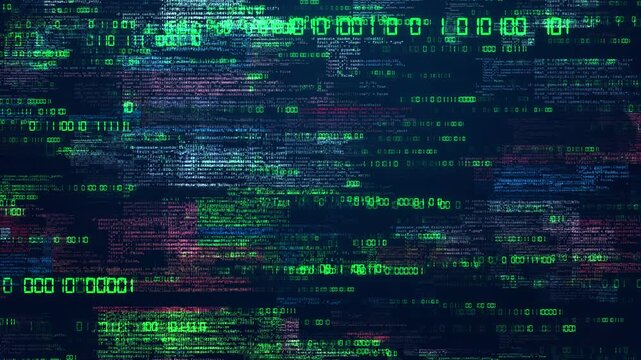 Scattered green zeros ones glow over source code a deep blue backdrop. digital composition coding workflows, information systems algorithmic concepts in software, data science technology stories. 3D