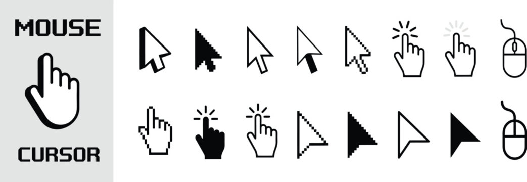 Mouse cursor arrow and clicking hand pointer vector icon set featuring pixelated arrows, hand click, computer mouse, and digital selection symbols isolated on white background.