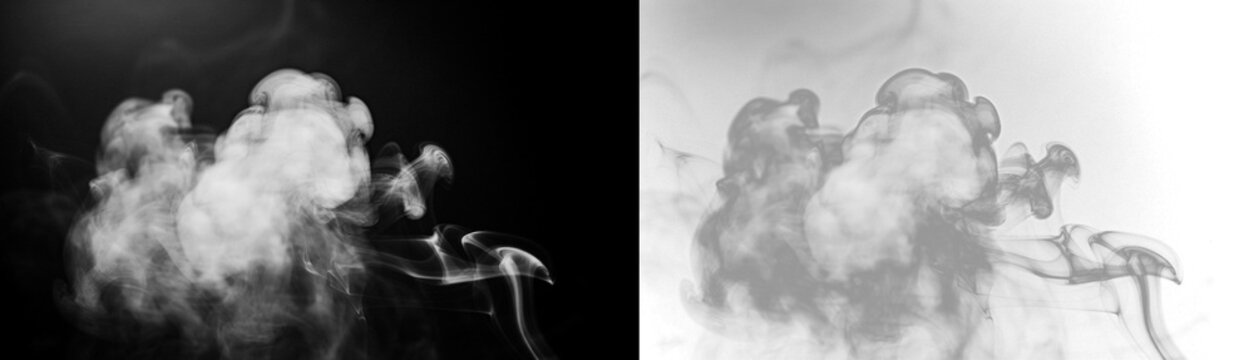 Abstract white smoke or steam clouds isolated on black background, dynamic swirling vapor texture for overlay or design element isolated on transparent background