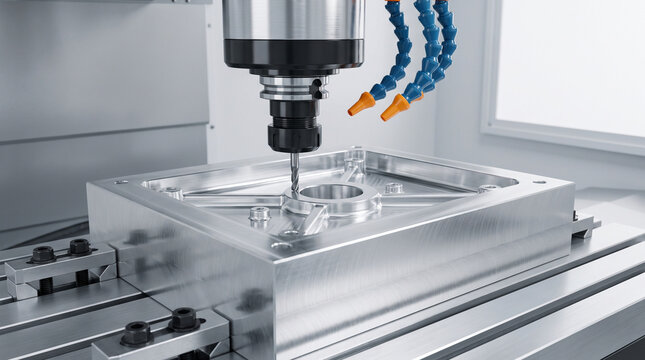 Close-up of a CNC milling machine drilling a precision aluminum metal workpiece with coolant nozzles attached