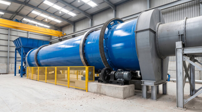 A large blue rotary drum machine with gear drive installed inside a modern industrial factory warehouse