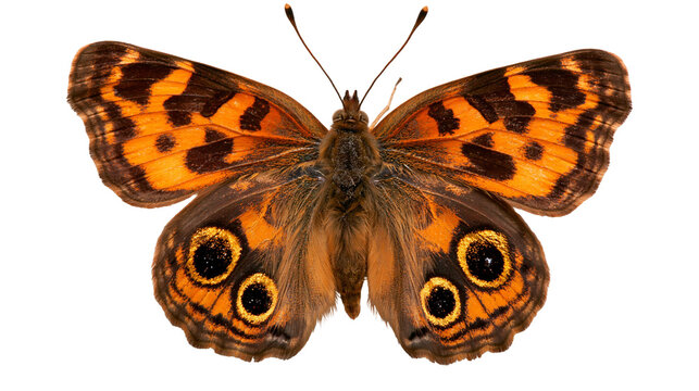 Orange and brown Junonia butterfly with prominent eyespot wing patterns