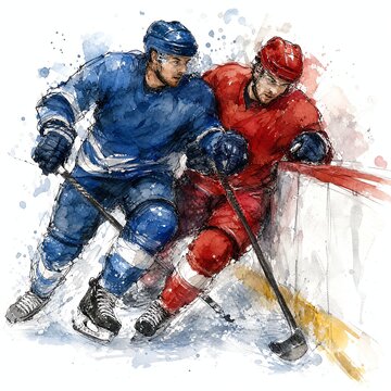 Hockey Players Colliding At The Boards Watercolor Ink Drawing