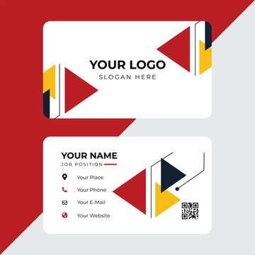 Modern multiline business card template design with red, yellow and dark blue geometric triangles and QR code for corporate identity