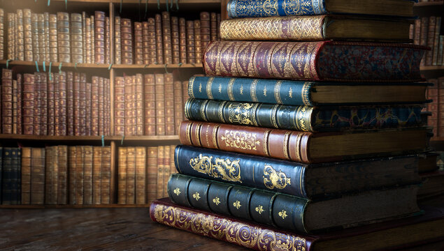 Stack of antique books with richly decorated leather bindings, gilt tooling, raised bands and ornate embossed spines, displayed against a warm old library background. 