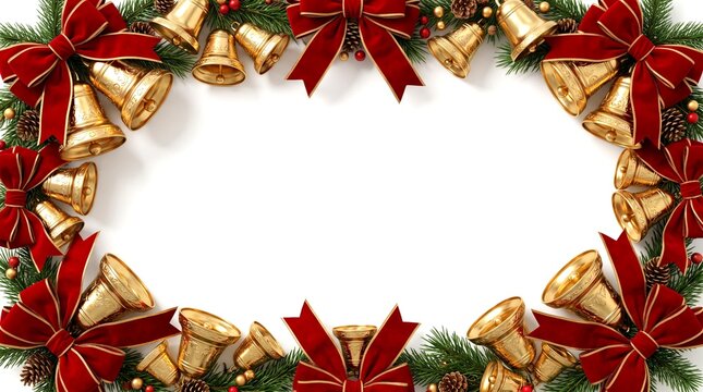 Festive holiday frame featuring realistic gold bells and luxury red velvet bows with evergreen branches and pine cones on white