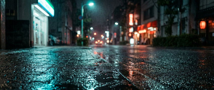 Rainy Night City Street Reflections, Wet Pavement, Neon Lights