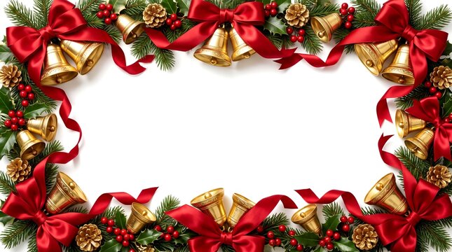 Elegant Christmas border featuring red satin bows golden bells evergreen branches and red berries on white background for festive holiday