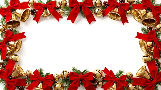 Festive holiday frame featuring realistic gold jingle bells red silk ribbons and green conifer branches with copy space on white
