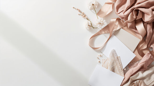 Fabric swatches ribbons palette cards and napkins on white desk with calm organized creative mood generative AI