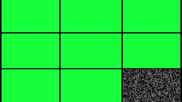 Grid of bright green panels is divided thick black lines tile contains television noise while the others remain solid chroma green, providing layout for split screens, video editing broadcast themes.