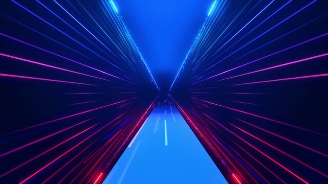 Electric pink rays across walls while cyan light strips frame receding into the center. vibrant geometric scene world stories, arcade aesthetics, electronic music high energy digital title sequences.