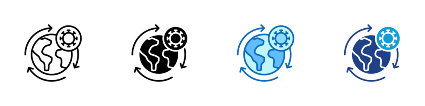Global Pandemic Spread Multiple Style Icon Design Vector - Globe with circular arrows and virus cell representing global pandemic, disease transmission, and worldwide outbreak