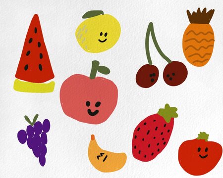 nine cute digital fruit illustrations with friendly smiley faces, hand-drawn in a naive brush art style. The set includes a slice of watermelon, lemon, cherries, pineapple, apple, grapes, banana, stra