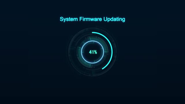 Words System Firmware Updating appear luminous circular gauge displaying deep navy blue background, technology scene an update in progress for connected devices, embedded systems, maintenance, support