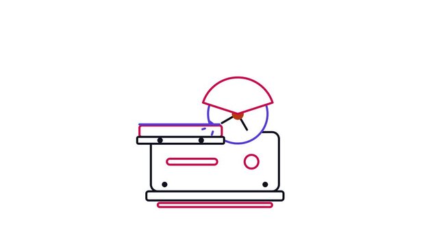 Animated flat skate sharpener icon in a minimal vector style, sharpening blade in a smooth 4K seamless loop. The symbol sits alone in the centre of a bright white background in red and crimson, leavin