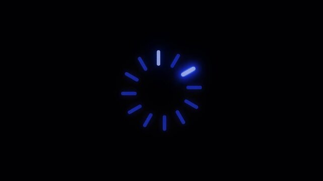 Vivid electric blue bar lights up spaced dashes a black background. uncluttered loading pending response and works videos about mobile apps, page loading, online services, installation, digital delays