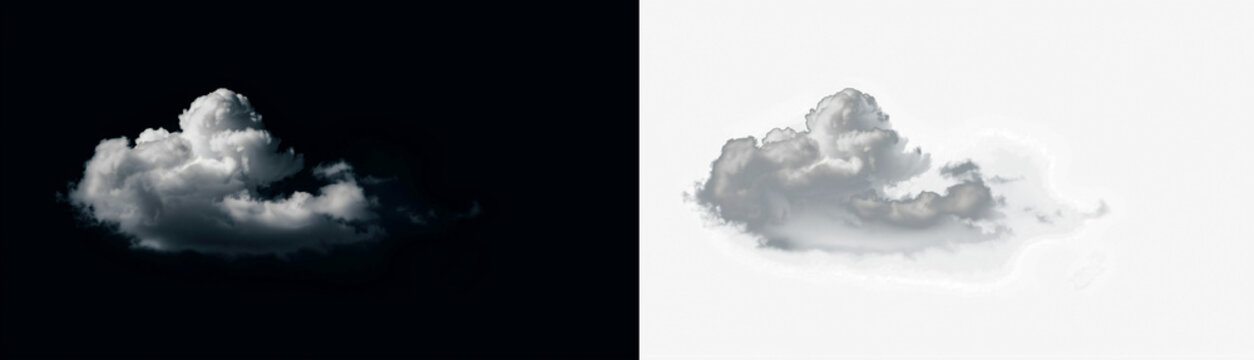 A single fluffy white cumulus cloud floating in the sky, captured with dramatic lighting and high contrast, isolated on transparent background