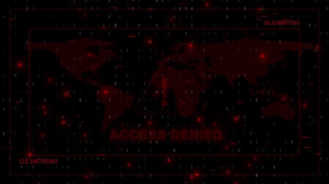 Red warning ACCESS DENIED lettering coded world map. ominous digital interface failed user authorization, protected systems, cyber intrusion alerts, restricted data, global digital security risks