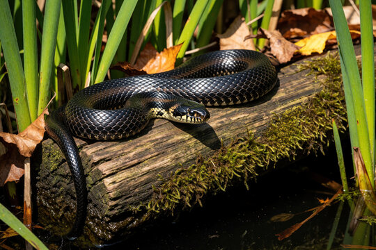 Common grass snake Natrix natrix basks in warm sun on old mossy log. Black reptile rests near green reeds in wetland habitat. Wild snake enjoys heat after meal in nature pond environment.