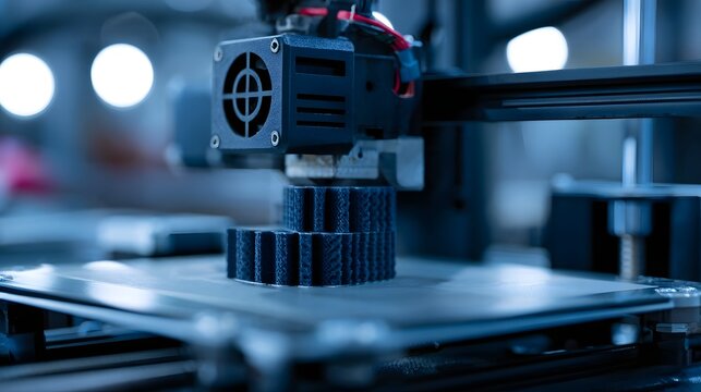 A 3D printer in ope n  extruding dark filament to build a layered structure on a flat print bed under cool blue lighting