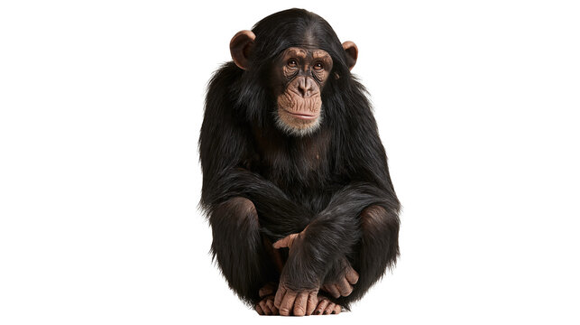 Adult chimpanzee sitting with dark fur and expressive facial features