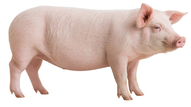 Pink domestic pig standing in profile view