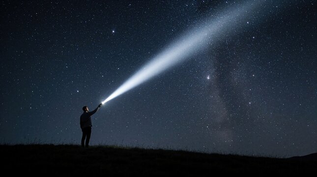 Man points bright flashlight beam at starry night sky. Lonely adventurer looks at Milky Way galaxy, constellations in dark universe. Person explores cosmic wonders under clear celestial night