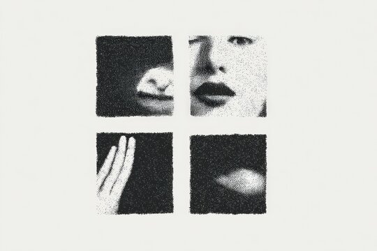 A black and white of a womans face on a white background. the is four squares each with a different expression creating a collagelike effect.