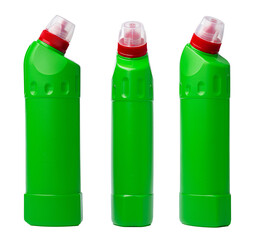 Naklejka premium Cleaning liquid bottles arranged in a row showing caps and labels on a white background