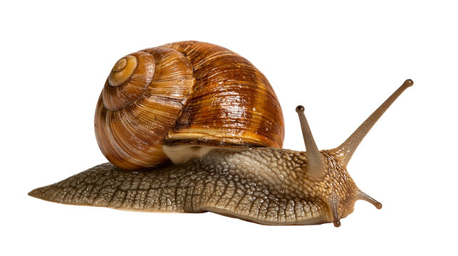 Brown garden snail with a spiral shell crawling forward