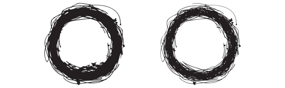 Two hand drawn rough black ink circles isolated on a white background for graphic design elements