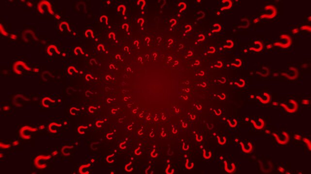 Bands of luminous red question marks curve inward a crimson field, fading toward the middle. curiosity, difficult choices, a mystery reveal, customer questions, explainer opening finding clarity.