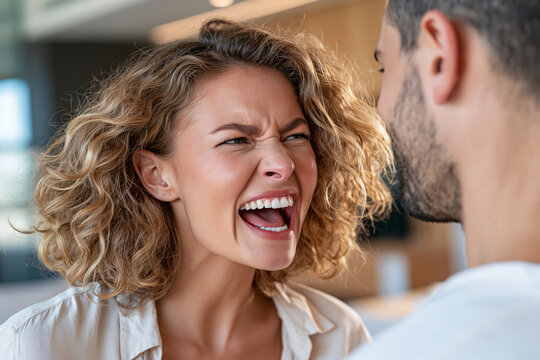 Woman screams in anger, eyes narrowed, mouth wide open. Man faces her, unaware of her outburst. Tense moment captured in a brightly lit kitchen. Ideal for conflict, relationship stress