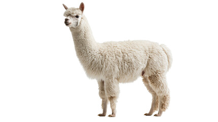Full body side view of a fluffy white alpaca standing © Thaddeus