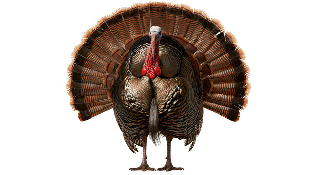 Male wild turkey with fanned tail feathers and red caruncles on head and neck