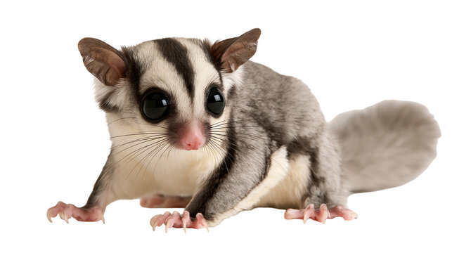 Small sugar glider with large black eyes and grey fur