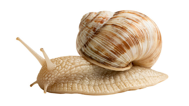 Garden snail with a brown striped spiral shell and textured beige body