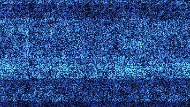 Full frame fine blue pixelated blocks noisy electronic brighter streaks. visual for television static, disrupted broadcasts, lost connections, cyber scenes, experimental edits, digital glitch overlays