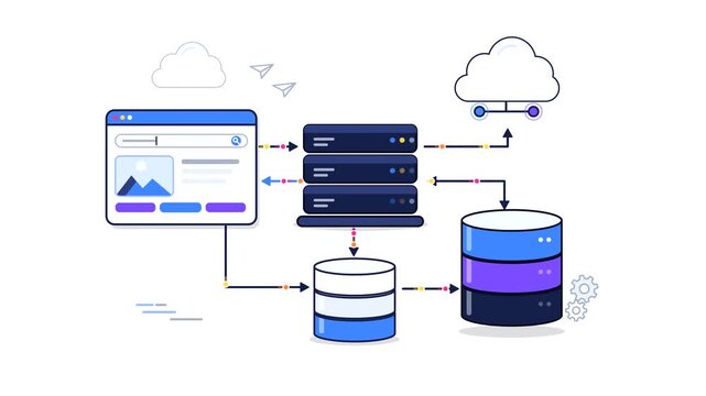 Flat vector illustration of cloud computing network with data servers and web browser interface.