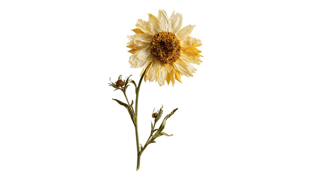 Dried yellow sunflower with brown center and green stem with small buds