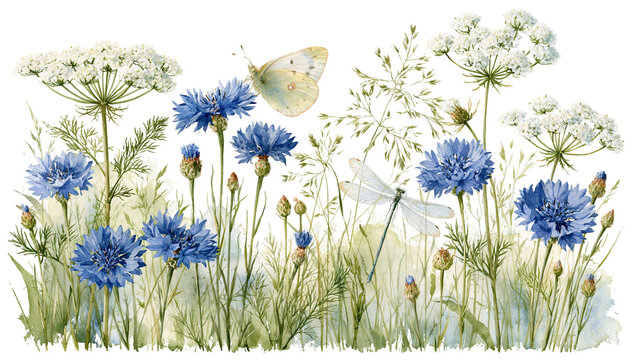 Blue cornflowers with white yarrow wildflowers butterfly and dragonfly