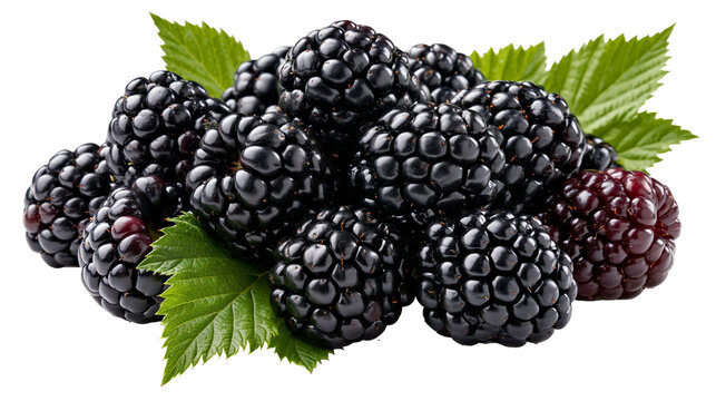 Fresh ripe blackberries with green leaves clustered together