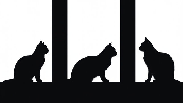 Cats sitting in silhouette along a window ledge are framed by vertical bars against a bright transparent background, creating a stark contrast in this high-contrast graphic illustration.