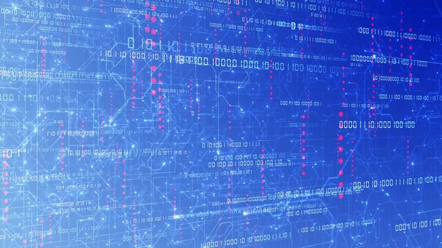 Glowing numeric strings blue circuit paths overlap deep blue field, punctuated by bright dots. support stories connected systems, analytics, cybersecurity, software development, and modern computing.