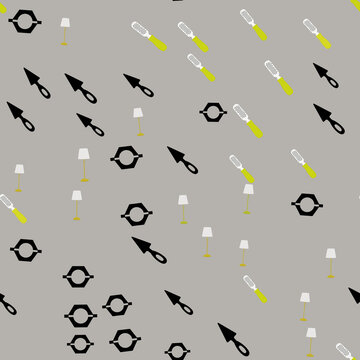 Seamless pattern of kitchen graters, lamps, and geometric shapes