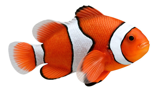 Bright orange clownfish with white vertical stripes and black fin edges