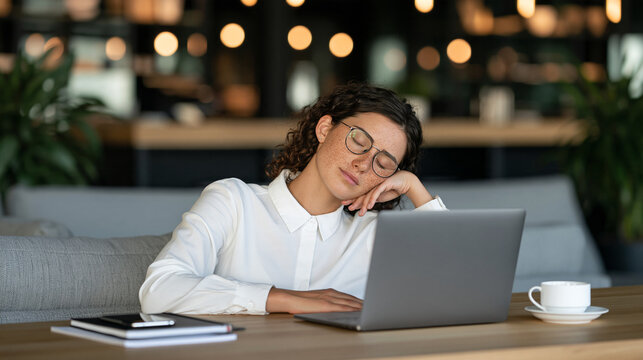 Young woman wearing glasses sleeping at laptop in modern office